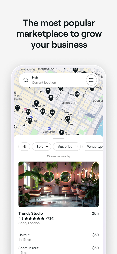 Marketplace de l'application Fresha montrant des lieux de beauté sur une carte avec des annonces d'entreprises et des prix de services