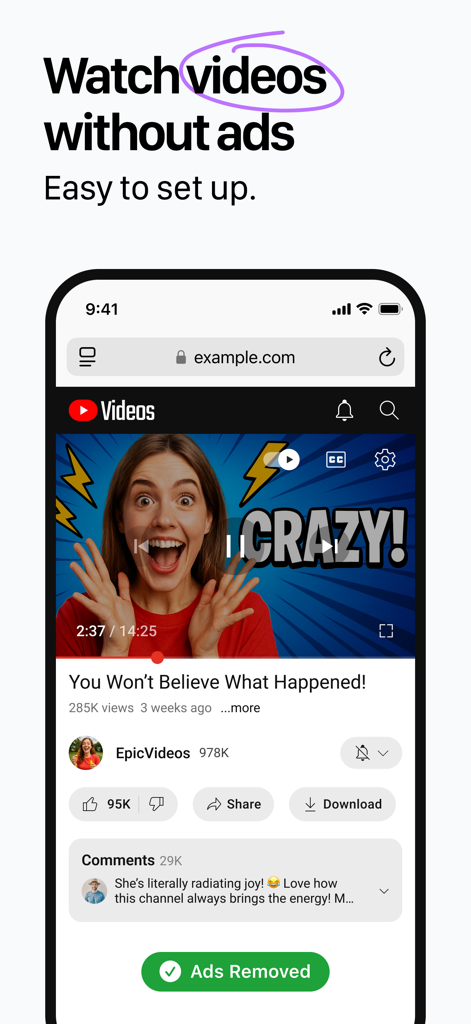 App 1Blocker che mostra un'esperienza video senza annunci su un browser mobile