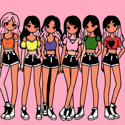 a group of girls wearing crop tops and shorts
