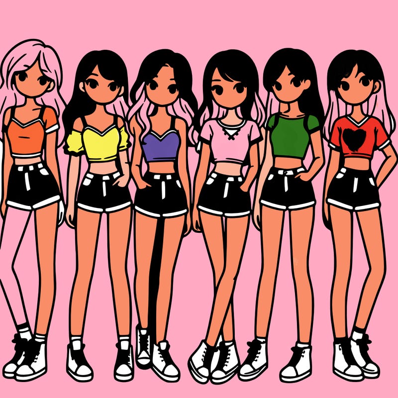 a group of girls wearing crop tops and shorts