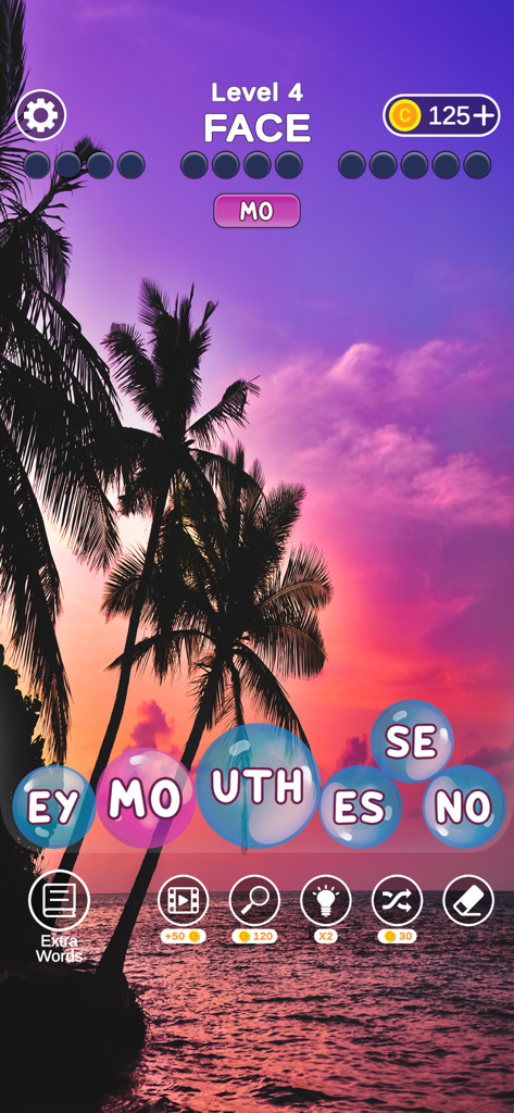 Word Bubbles - Relax Word Game - Gameplay of Word Bubbles Relax showing a word puzzle with a sunset beach background