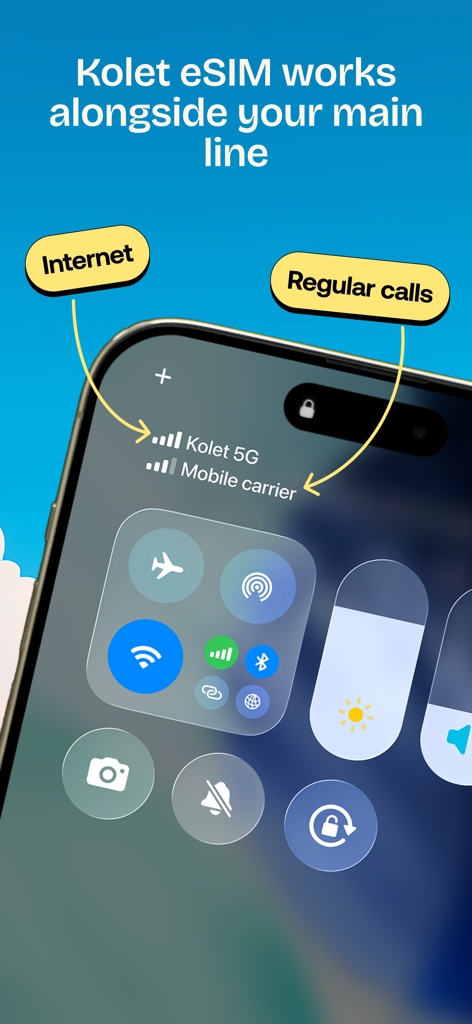 iPhone screen showing Kolet eSIM for 5G internet data working alongside a regular mobile carrier for calls