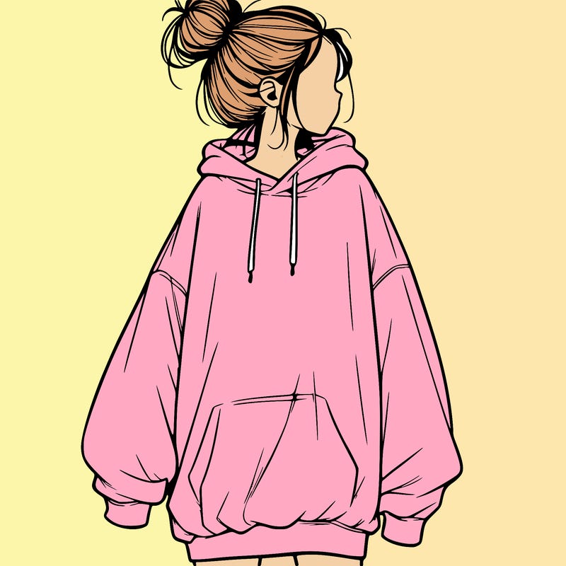 realistic girl with a oversized sweatshirt on and a bun