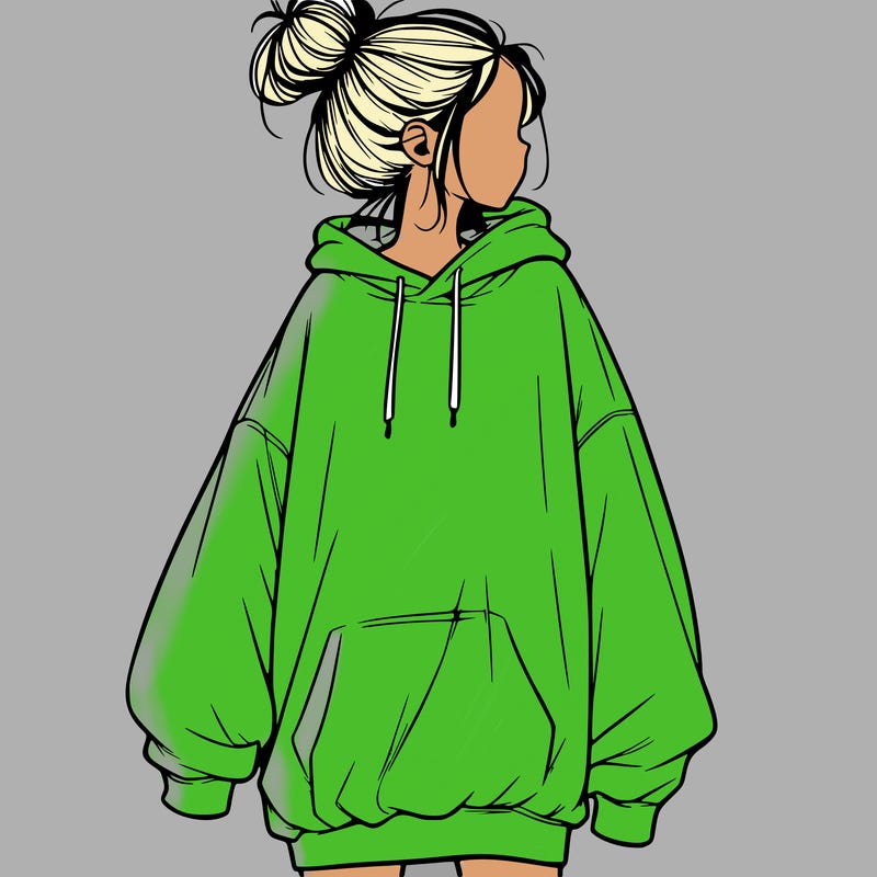 realistic girl with a oversized sweatshirt on and a bun