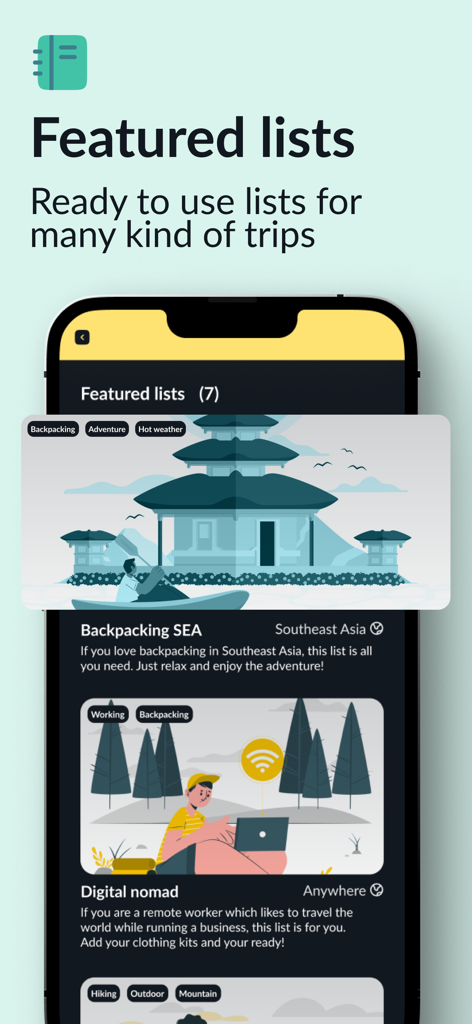 Pak - Travel Packing Checklist - Interfaz de la aplicación Pak que muestra una selección curada de listas de equipaje destacadas para diferentes estilos de viaje como mochilero y nómada digital
