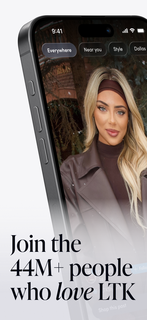 A smartphone screen displaying a lifestyle creator on the LTK app with text stating Join the 44 million plus people who love LTK