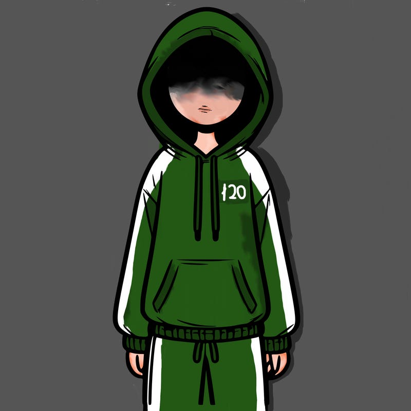 faceless girl in a tracksuit with a hood on and no hair