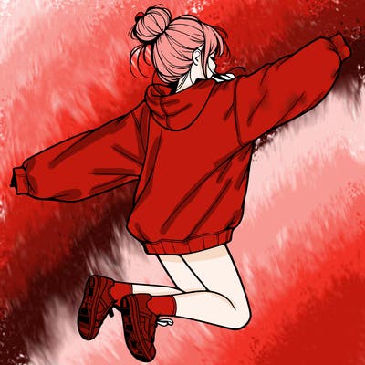 realistic girl jumping with a bun and oversized sweatshirt