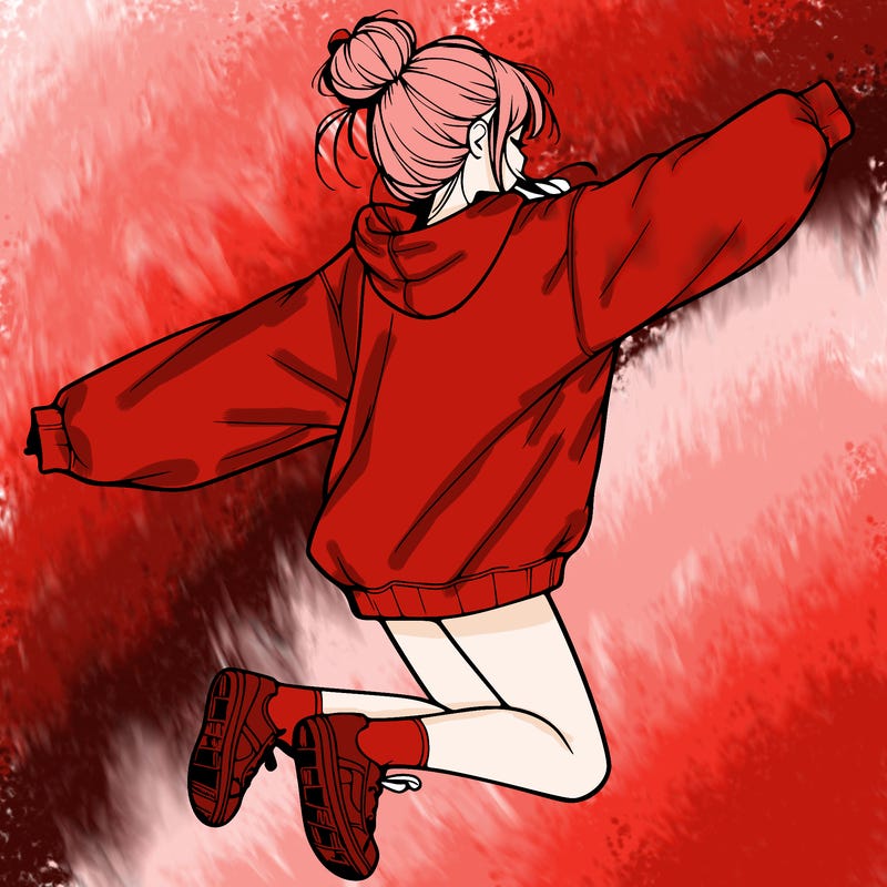 realistic girl jumping with a bun and oversized sweatshirt