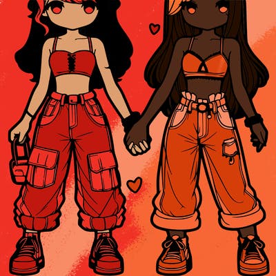 two girls in crop tops and baggy jeans holding hands chibi