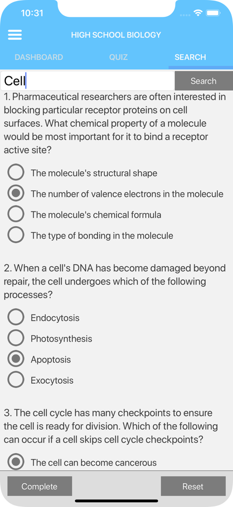 High School Biology - High school biology app interface showing a cell biology search and quiz questions