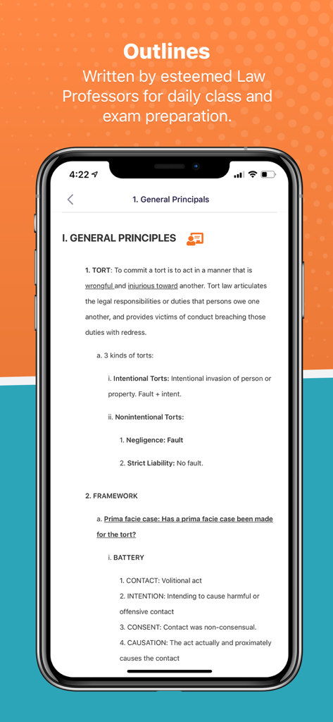 StudyBuddy Proモバイルアプリの法学部生向け法律学習アウトライン。