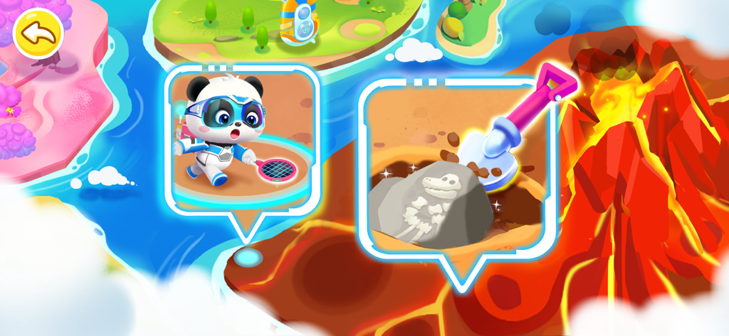 Little Panda: Dinosaur Rescue - Little Panda in a space suit exploring a map to dig up dinosaur fossils near a volcano.