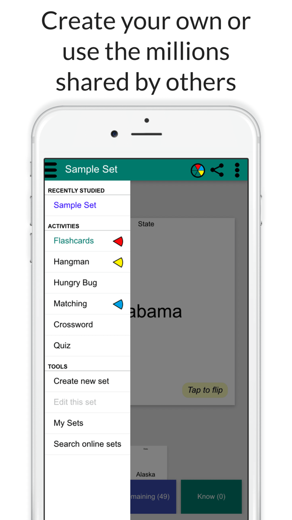 StudyStack app interface showing study activities and game options like Hangman and Crossword