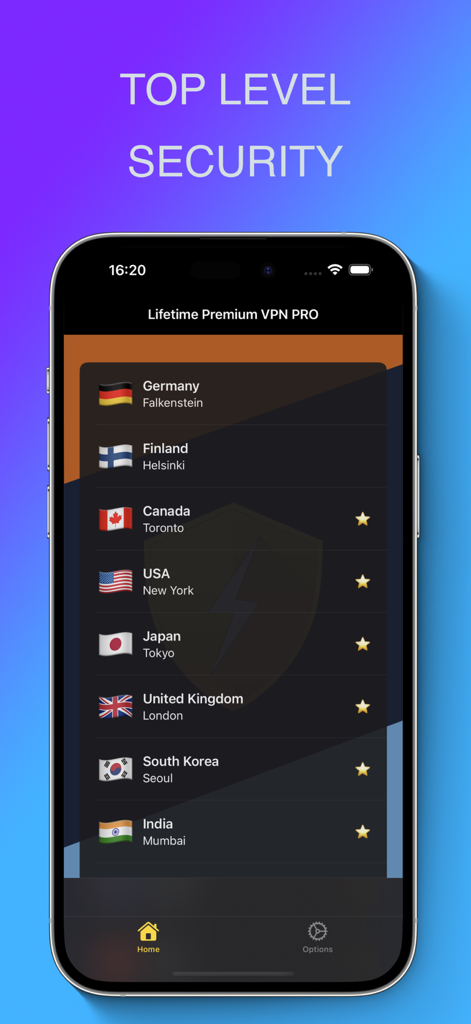 Écran d'iPhone affichant une liste des emplacements de serveurs internationaux dans l'application VPN Premium PRO à Vie.