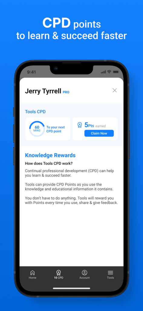 Building Tools - Pantalla de teléfono inteligente de la aplicación Herramientas de Construcción que muestra el seguimiento de puntos CPD y recompensas de desarrollo profesional.