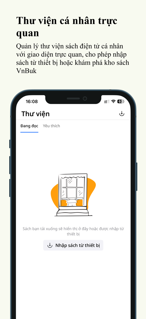 VnBuk: Sách hay chọn lọc - VnBuk ePubリーダーの個人ライブラリ画面。デバイスから書籍をインポートするオプションがあります。