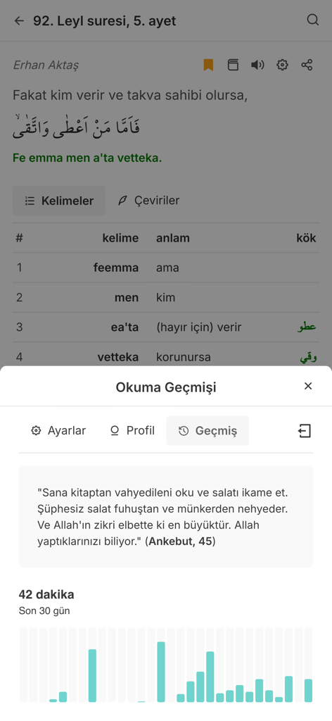 Açık Kuran - Acik Kuran app interface showing verse word breakdown and user reading history stats
