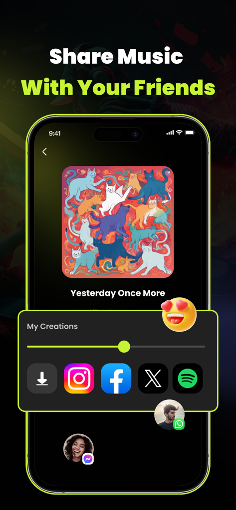 Seed: AI Music Generator - Seed AIアプリで生成された音楽のソーシャルメディア共有オプションを表示するインターフェイス