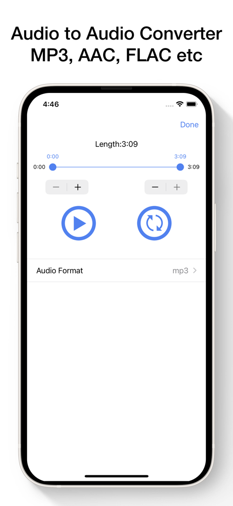Interfaz de la aplicación móvil que muestra herramientas de recorte y conversión de audio para formatos MP3, AAC y FLAC
