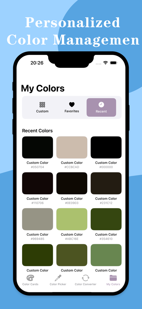 ColorSeizeアプリのユーザーインターフェースには、最近のカラーサンプルとHEXコードを含む「マイカラー」セクションが表示されています