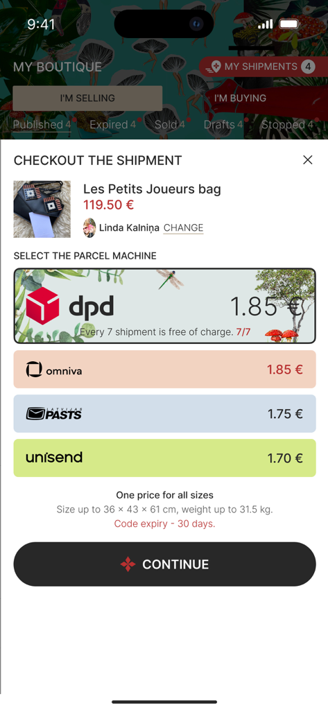 Checkout screen for a handbag purchase on the Andele Mandele app showing various parcel machine shipping options and prices