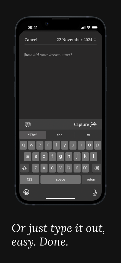 Minimalist dark mode interface for typing a dream entry in the Yume app.