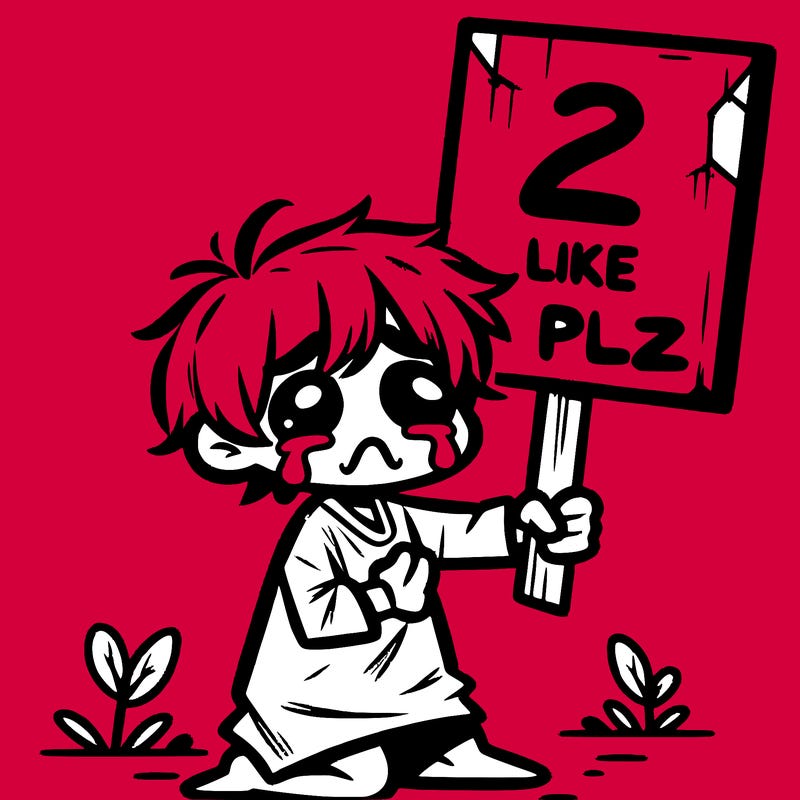 small poor toddler crying with sign that says 2 like plz