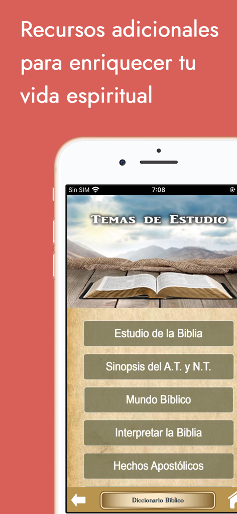 Diccionario Bíblico y Bibia - Pantalla de la aplicación móvil que muestra temas de estudio bíblico en español y recursos espirituales