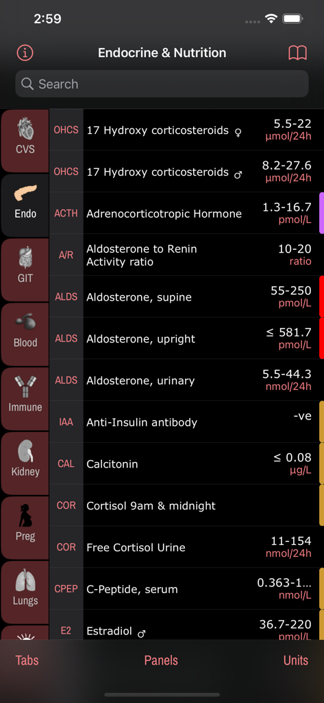 LabGear – Medical Lab Tests - Capture d'écran de l'application LabGear affichant une liste d'analyses endocriniennes et nutritionnelles avec leurs valeurs de référence médicales et leurs unités.