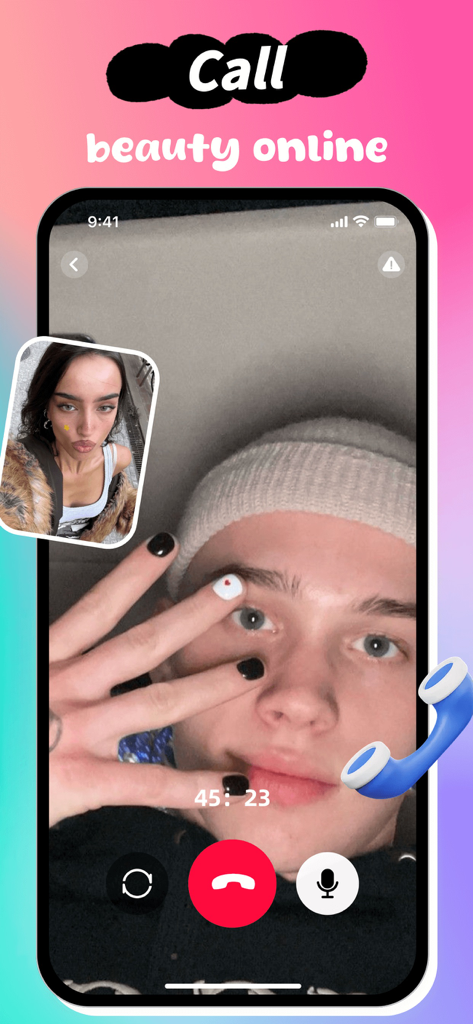 Mobile phone screen showing a video chat on Tiala where a user shows their nail art.