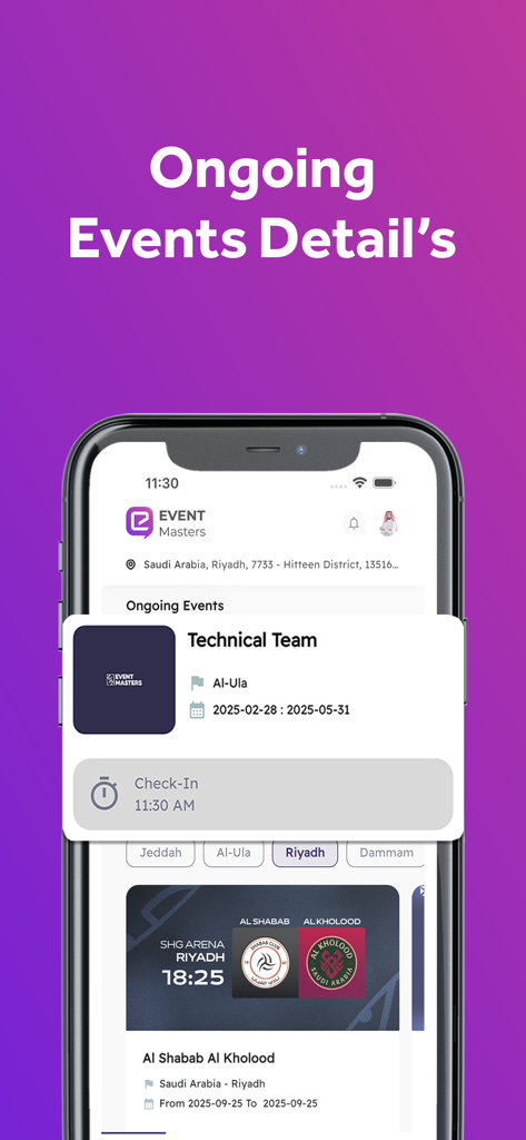 Event Masters app interface displaying ongoing event details and check-in status