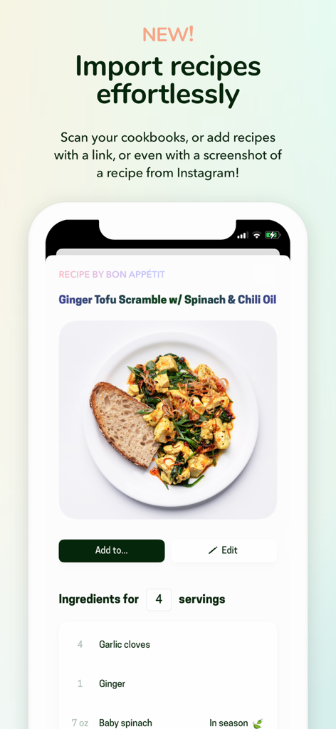 Recipe Keeper & Planner - Kuri - Interface de l'application Kuri montrant la fonction d'importation de recettes sans effort avec une recette de sauté de tofu au gingembre