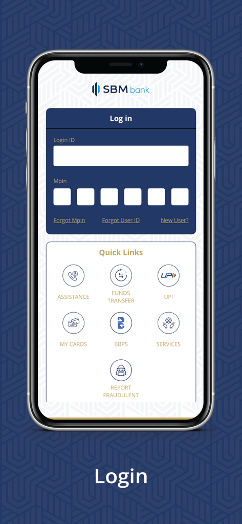 SBM Bank India Ltd - Login page of SBM Bank India mobile app showing login fields and quick access to banking services