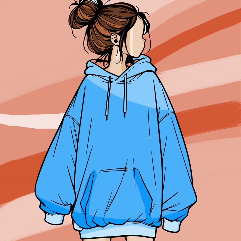 realistic girl with a oversized sweatshirt on and a bun