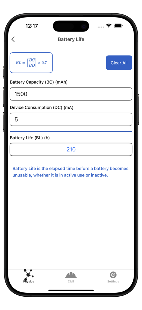 My Physics Calculator - My Physics Calculator app screen showing the battery life calculator with input fields for capacity and consumption