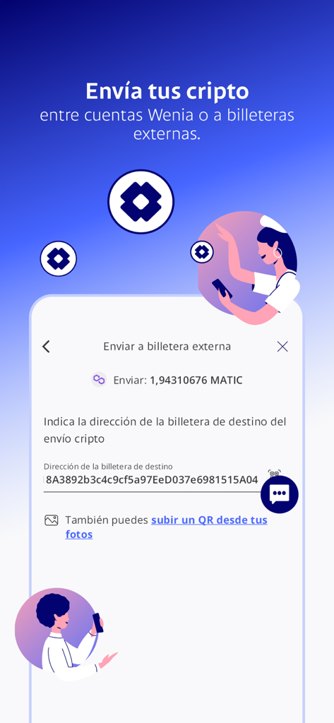 Wenia - Interfaz de una app móvil de Wenia mostrando el proceso de envío de criptomoneda MATIC a una dirección de billetera externa.
