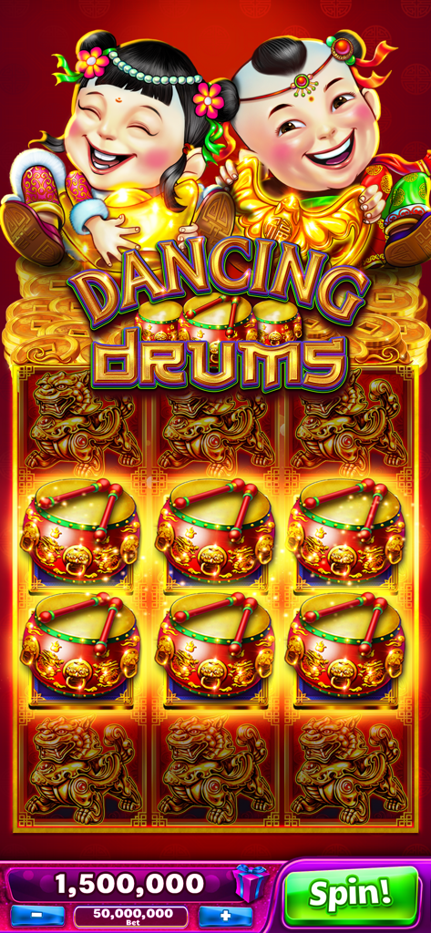 Aplicación Jackpot Party Casino mostrando la tragamonedas Dancing Drums