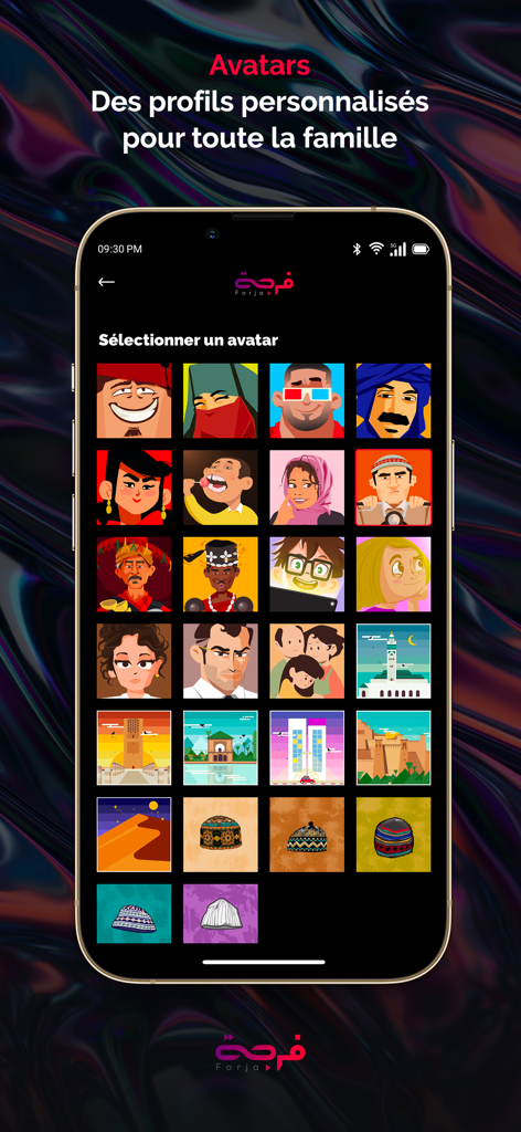 Forja app screen showing a grid of personalized profile avatars with Moroccan cultural characters and icons.