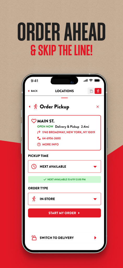 Jason's Deli - Jason's Deli app interface for selecting a pickup location and starting an order ahead.
