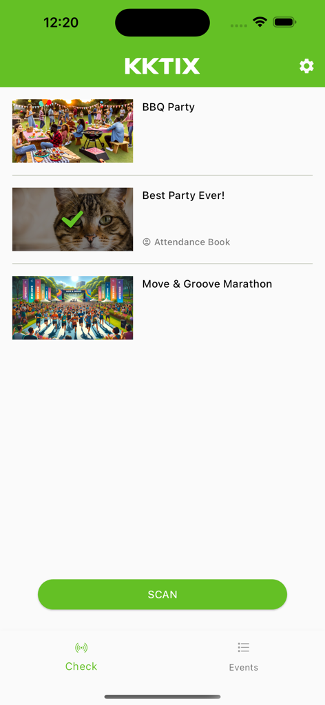 KKTIX Manager - Interface of the KKTIX Manager app showing a list of events including a BBQ party and a marathon with a large green scan button at the bottom