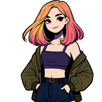a realistic girl with a crop top and short shorts in an open jacket
