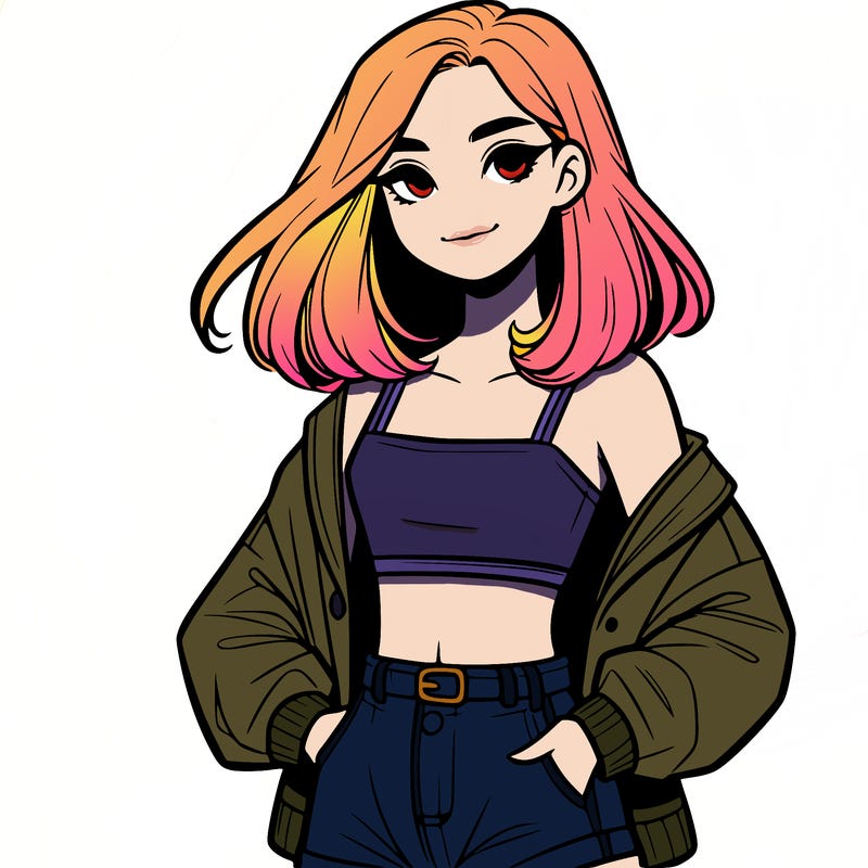 a realistic girl with a crop top and short shorts in an open jacket