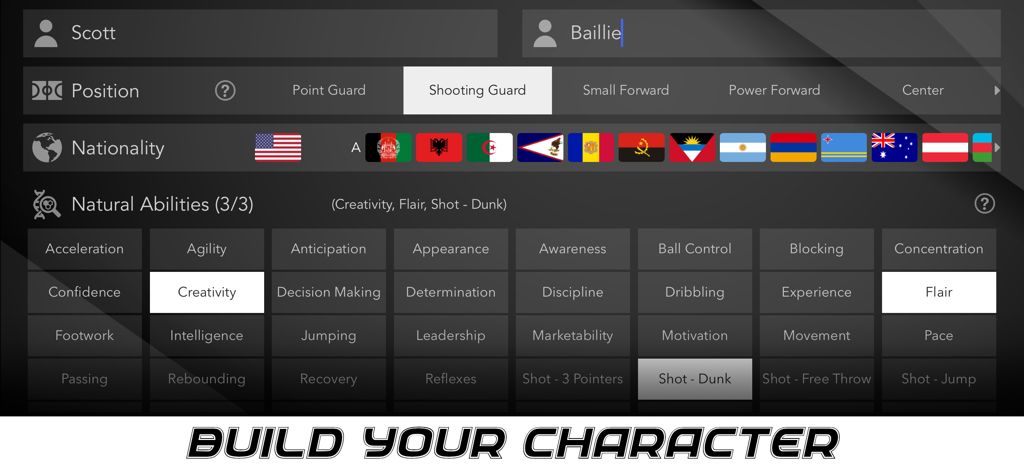 Character creation screen in Basketball Superstar where players choose their position nationality and natural abilities