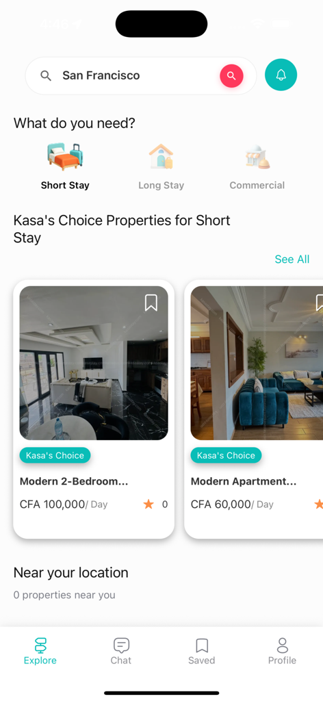 KasaStay - KasaStay app home screen showing curated short stay apartment listings and rental categories for Cameroon