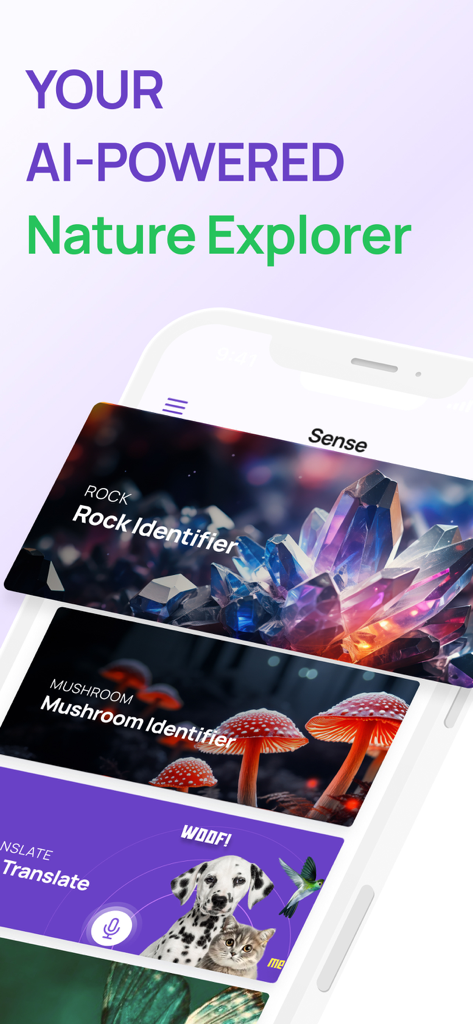 6Sense AI app screenshot showcasing rock mushroom and pet identification features