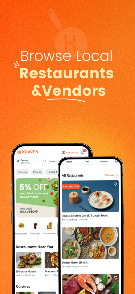 KRAVEN: Food Delivery - KRAVEN app screen showing local restaurants and vendors in the Bahamas with a promotional offer