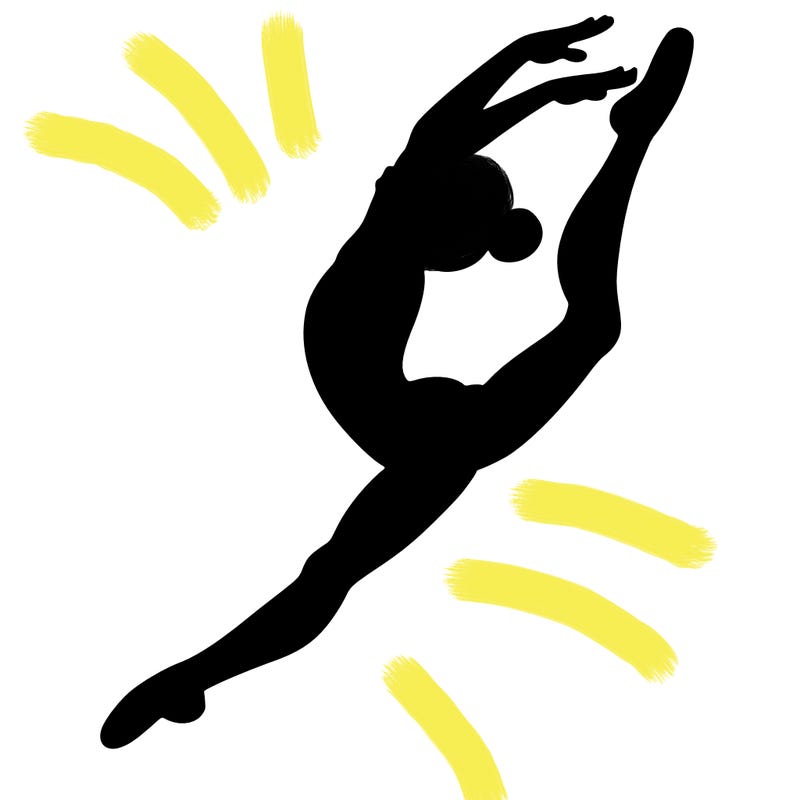 gymnast doing a leap in a leotard with a bent back leg