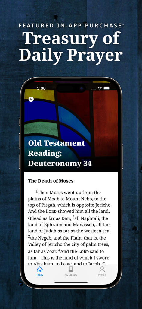 InPrayer by CPH - iPhone screen displaying the Old Testament reading of Deuteronomy 34 in the InPrayer by CPH app featuring the Treasury of Daily Prayer.