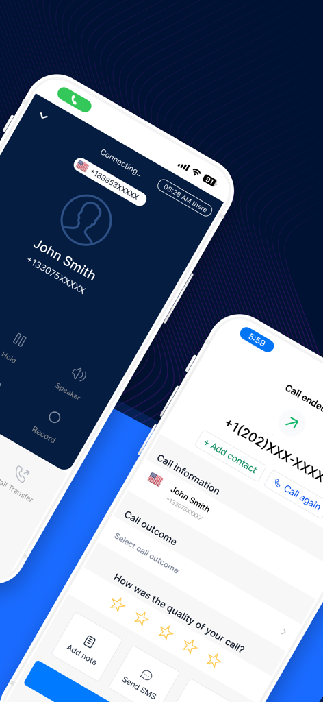 JustCall - Cloud Phone System - JustCallモバイルアプリのインターフェース。アクティブなビジネス通話と通話後の評価画面を表示